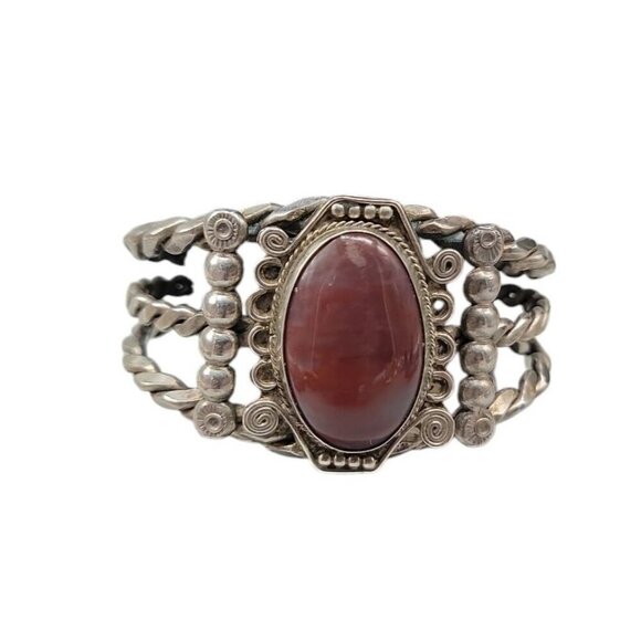 Agate Sterling Silver Open Cuff Bracelet Red Cabachon Detailed 925 Design SZ 6 - Picture 8 of 16